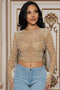 BANJUL RHINESTONE/PEARL STUD LONG SLEEVE CROP TOP - NUDE
